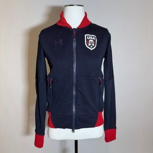 Under Armour USA Olympic Track Jacket Full Zip Navy Red Womens Size XS ColdGear